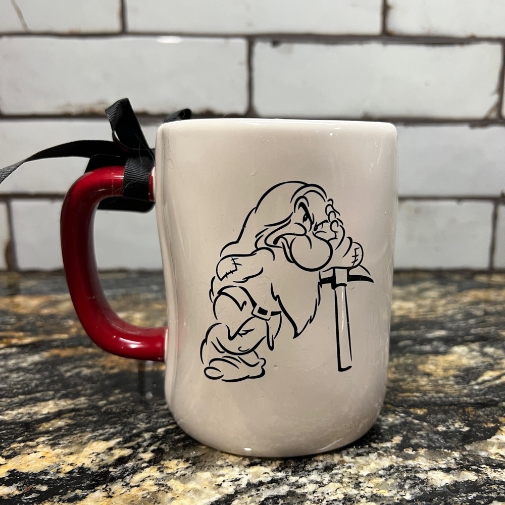 Rae Dunn Cream and Red Mug with Dwarf Design and Grumpy on the back